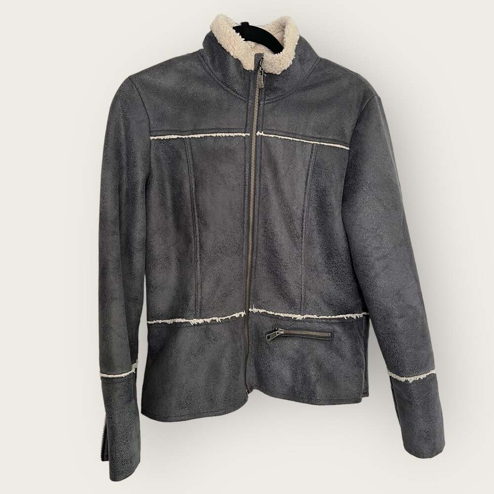 prAna Esme Faux Suede Moto Jacket Medium Gray Sherpa Lined Zip Mock Neck
